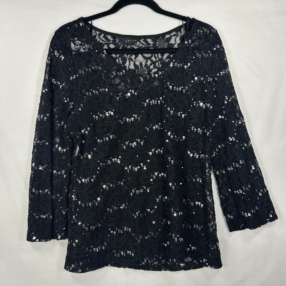 Y2K Vintage Adiva Black Sequin Lace Top Large Sparkly Party Blouse